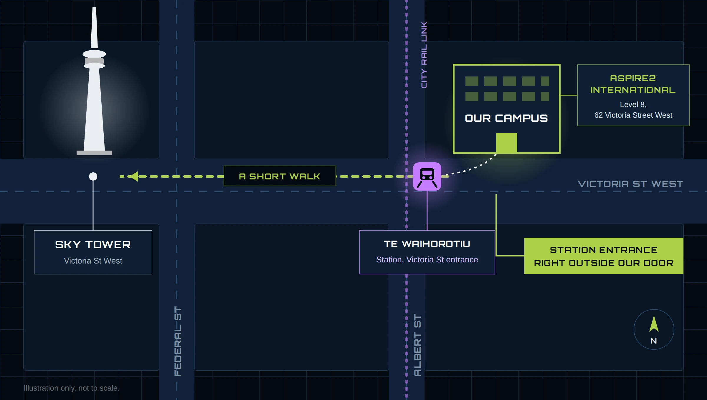 Illustrated map: the Aspire2 International campus at 62 Victoria Street West, with the Victoria Street entrance to Te Waihorotiu train station right outside its door, and the Sky Tower a short walk west along Victoria Street West.