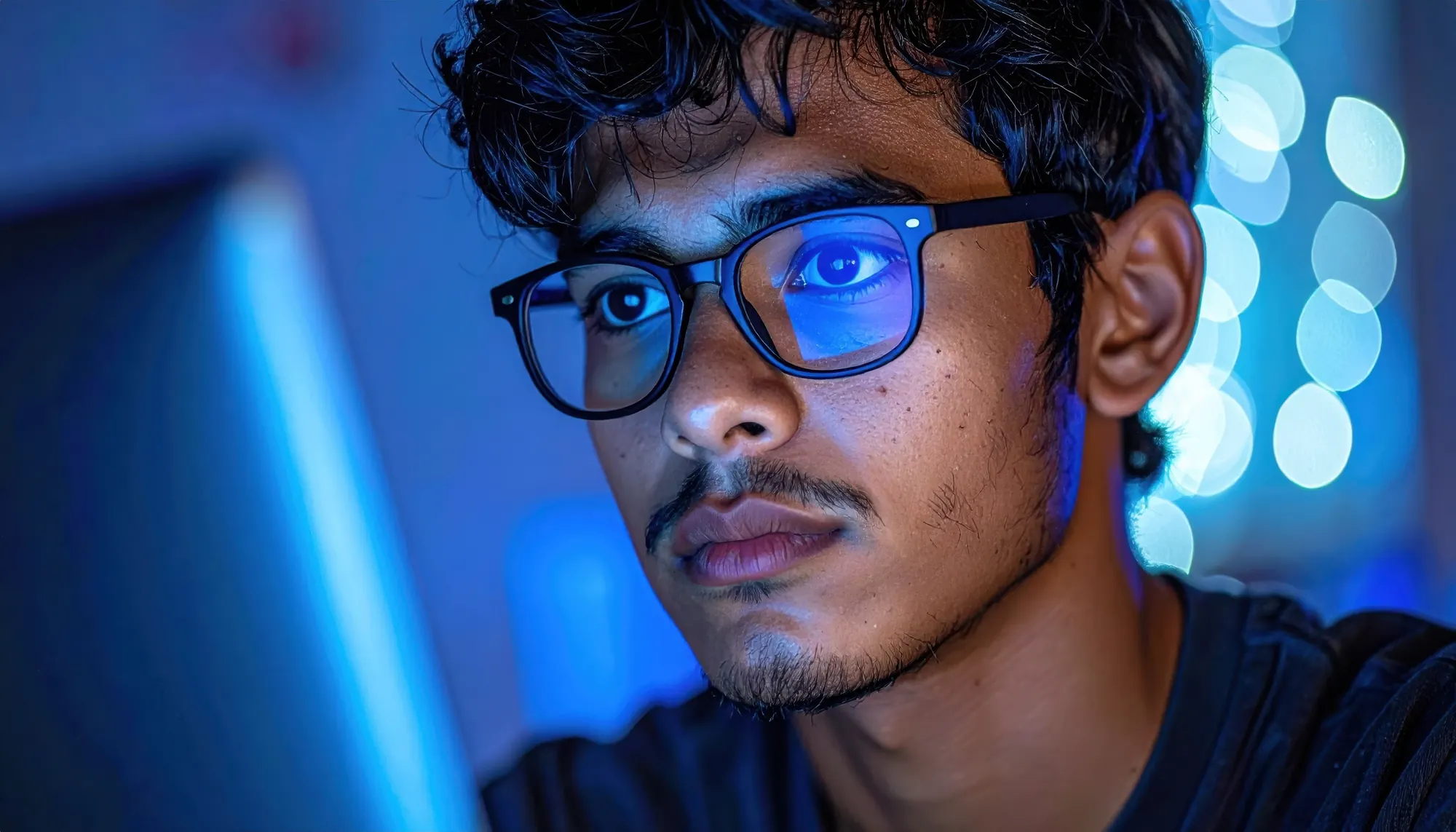 A cybersecurity student in glasses lit by the blue glow of a computer screen